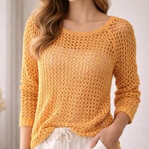 Chico’s Honey Gold Open Weave Cotton Top Resort Boho Lagenlook Layering Small